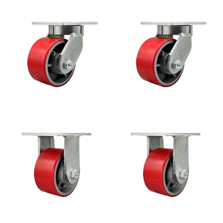 Service Caster 6'' Heavy Duty Red Poly on Cast Iron Caster Set 2 Swivel Locks 2 Rigid, 4PK CRAN-SCC-KP92S630-PUR-RS-BSL-2-R-2